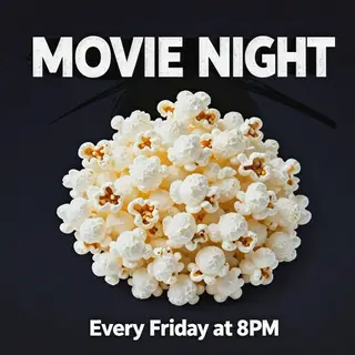 A movie night poster with a large popcorn image in the cente