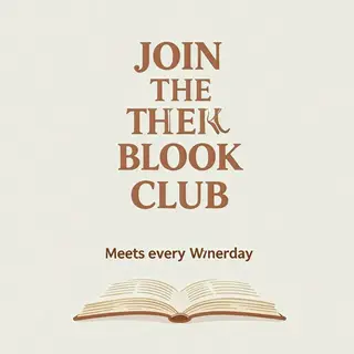 A book club poster with an open book illustration, the title