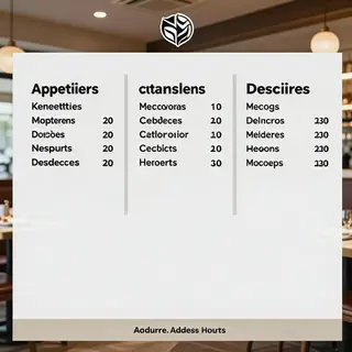 A restaurant menu layout with a logo header, three category 