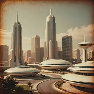 A cityscape rendered in nostalgic futurism — retro-futuristi