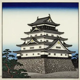 A medieval castle depicted in Japanese ukiyo-e woodblock pri