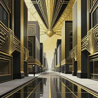 A city street scene in the style of Art Deco — geometric sha