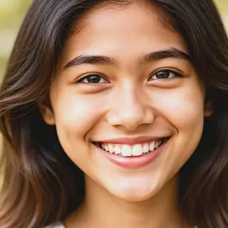 A close-up portrait of a young woman with a warm natural smi
