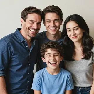 A family photo with four people: a father beaming with pride