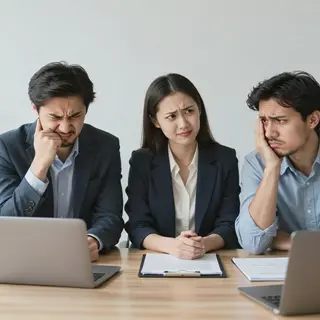 Three coworkers in a meeting: one looking frustrated with fu