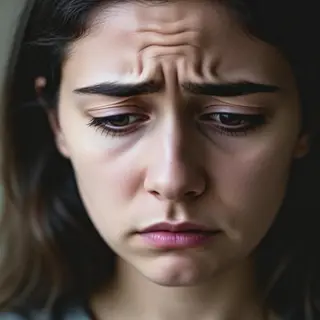 A face showing quiet melancholy — downcast eyes, slightly dr