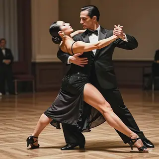 Two tango dancers in a close embrace, the man dipping the wo