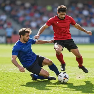 Two soccer players mid-tackle, one sliding and the other jum