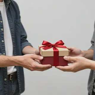 One person handing a small gift box to another person, both 
