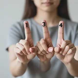 A person counting to three on their fingers, with index, mid