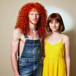 Two friends posing: one tall with curly red hair in denim ov