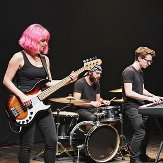 Three musicians on stage: a tall woman with short pink hair 