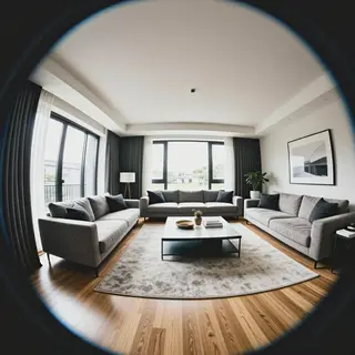 A wide-angle shot of a modern living room interior showing e