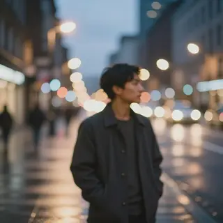 A street photograph with shallow depth of field as if shot a