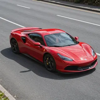 A bright red sports car parked on a gray asphalt road — the 
