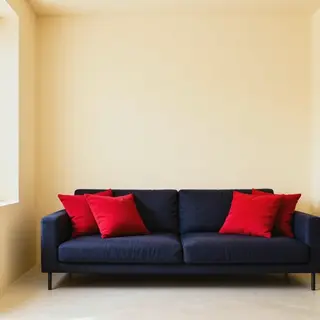 A minimalist room with walls in #F5E6CC (warm cream), a sofa
