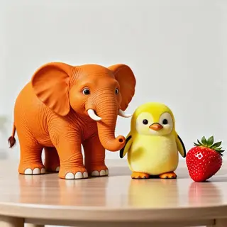 An orange elephant, a yellow penguin, and a silver strawberr