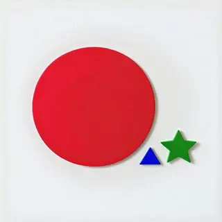 A large red circle, a small blue triangle, and a medium gree