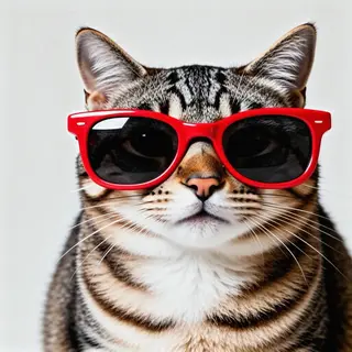 A tabby cat wearing oversized red sunglasses