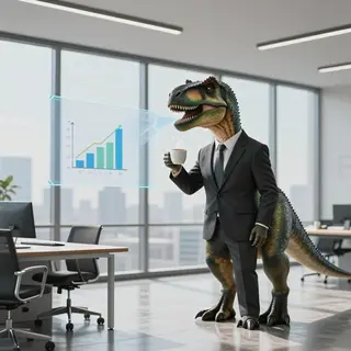 A dinosaur in a business suit giving a PowerPoint presentati