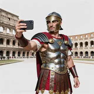 A Roman gladiator taking a selfie with a smartphone in the C