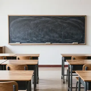 A classroom with desks and a chalkboard but no students
