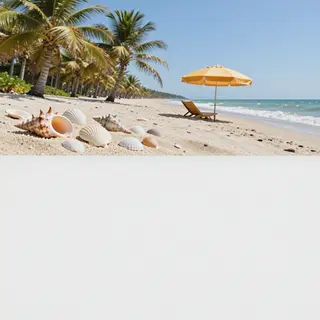 A sandy beach with palm trees, seashells, and a beach umbrel