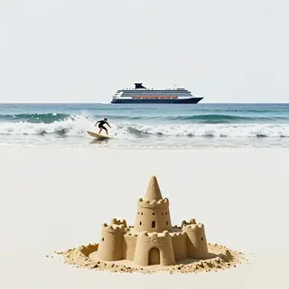 A beach scene with a sandcastle in the foreground, a surfer 