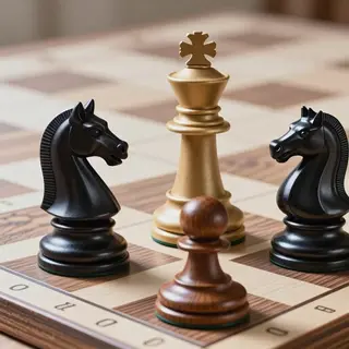 Five chess pieces on a board: a king in the center, a queen 