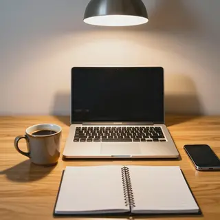 A desk scene: laptop in the center, coffee mug to the left, 