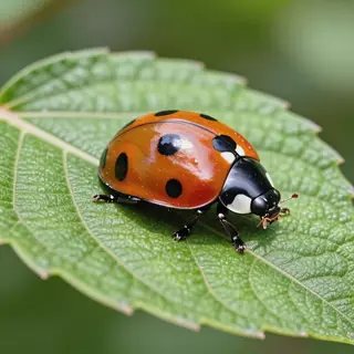 A ladybug sitting on a large green leaf, shown at realistic 