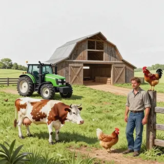 A farm scene with a barn, tractor, farmer, cow, chicken, and