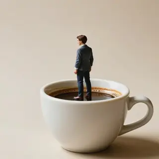 A tiny person standing on the rim of a coffee cup, looking d