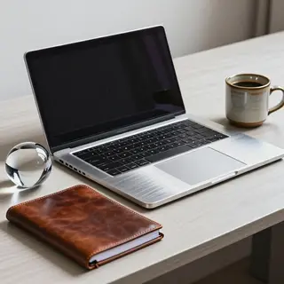 A workspace desk with a brushed aluminum laptop, a leather-b