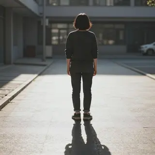 A person standing outdoors at midday with a short shadow dir
