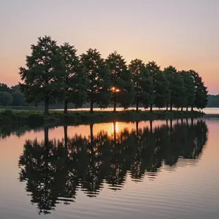 A row of trees reflected in a calm lake at sunset, with the 