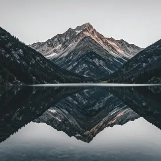 A mountain range reflected in a still alpine lake, with the 