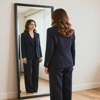 A woman standing in front of a full-length mirror, her refle