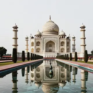 The Taj Mahal in Agra seen from the reflecting pool, with ac