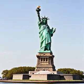 The Statue of Liberty on her island pedestal, with correct t