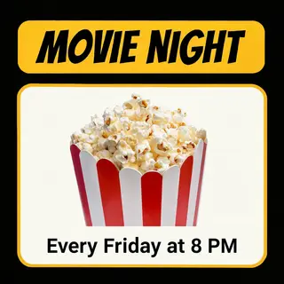 A movie night poster with a large popcorn image in the cente