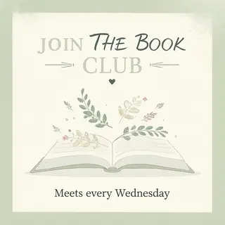 A book club poster with an open book illustration, the title