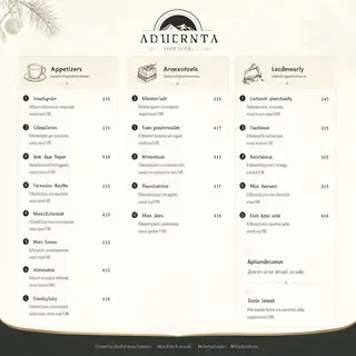 A restaurant menu layout with a logo header, three category 