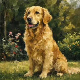 A golden retriever sitting in a garden, painted in the style