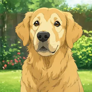 A golden retriever sitting in a garden, rendered in Japanese