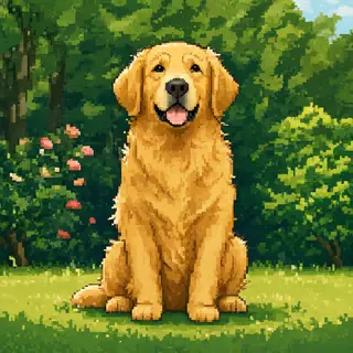 A golden retriever sitting in a garden, rendered in pixel ar