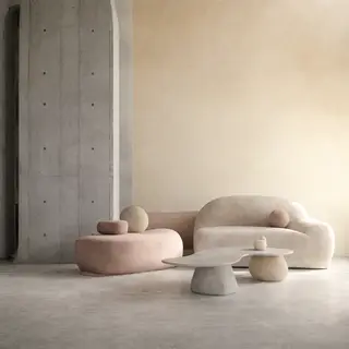 An interior scene rendered in soft brutalism — raw concrete 