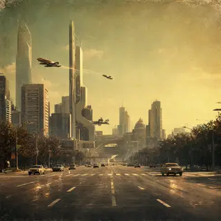 A cityscape rendered in nostalgic futurism — retro-futuristi