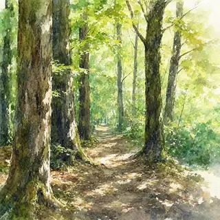 A forest rendered in photorealistic watercolor — the detail 