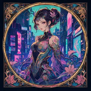 A woman in a futuristic city rendered in cyberpunk Art Nouve